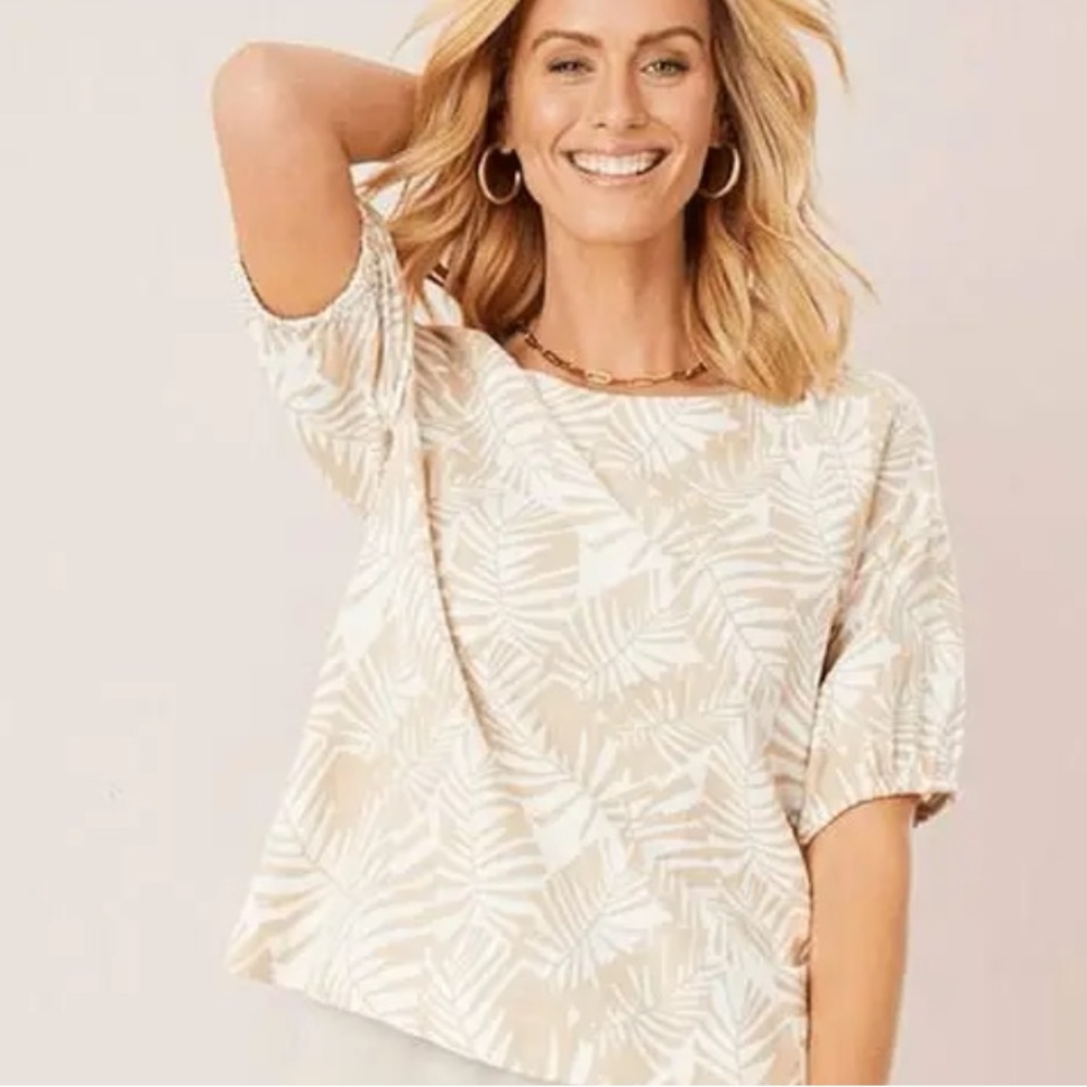 Loft Palm Puff Sleeve Boatneck Top Size L